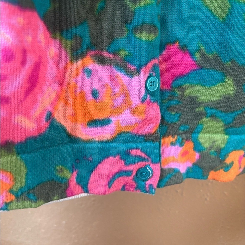 Isaac Mizrahi Live Womens Floral Cardigan Teal Pink Orange Button Front Large - Picture 3 of 5